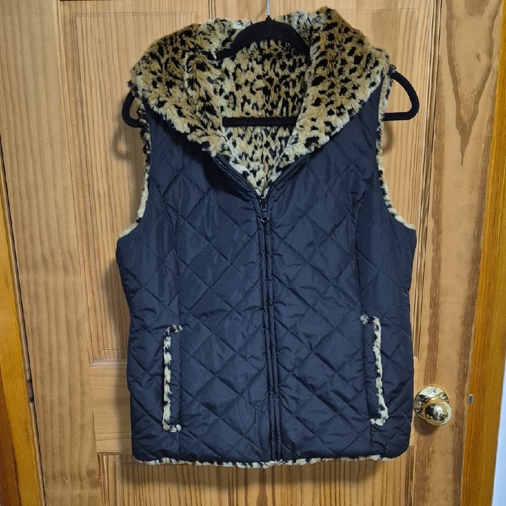 Leopard Print Lined Black Quilted Vest